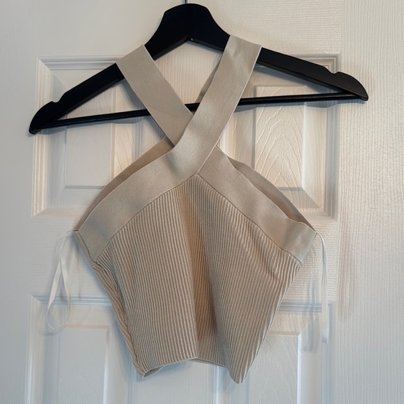 Babaton Beige Ribbed Cross-Back Crop Top - Picture 2 of 2